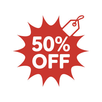 50% off red starburst sale tag icon