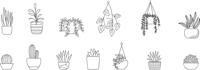 Fototapeta premium Assortment of Potted Plants: A collection of line art illustrations showcasing various potted plants, including succulents, cacti, and hanging vines, offering a simple yet elegant botanical theme.