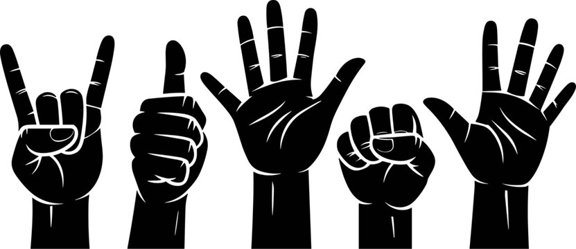 Hand Gestures of Expression: A collection of five black silhouette hands displays a variety of iconic gestures, from the rock-on symbol to a closed fist, symbolizing communication and emotion.