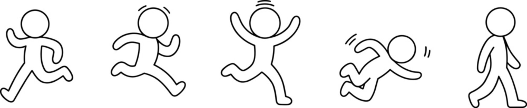 Stick Figures in Motion: A set of five minimalist stick figures illustrating various dynamic poses and actions, from running and jumping to walking and falling, representing movement and energy.