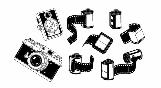 Vintage film cameras and photographic film rolls illustration.