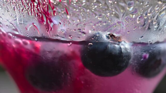 blueberry drink close-up in glass, fresh berries inside vibrant purple liquid with condensation droplets, refreshing summer beverage, macro texture and bubbles, healthy antioxidant drink concept