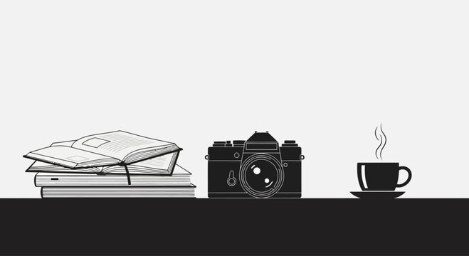 A minimalist illustration featuring a stack of books a vintage camera and a steaming cup of coffee.
