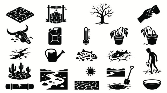 Black and white icons representing drought and environmental crisis.