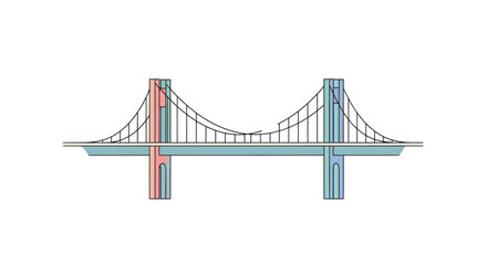 Obraz premium A minimalist vector illustration of a suspension bridge with two towers and connecting cables, featuring a light blue deck and red accents on the towers.