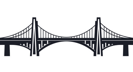 Fototapeta premium A black and white silhouette illustration of a modern suspension bridge with two towers and a curved base, isolated on a white background.