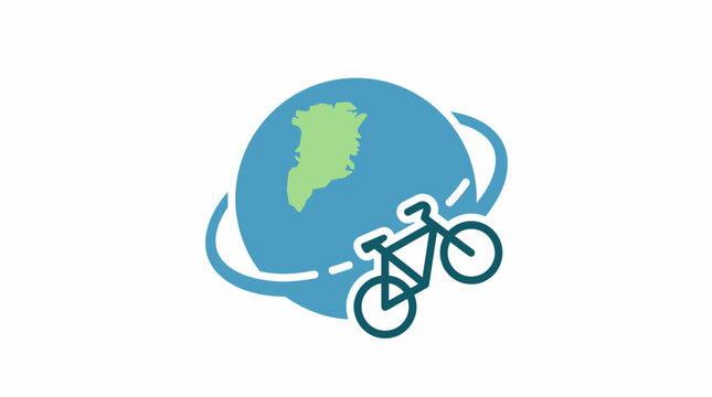 Bicycle circling the globe icon representing sustainable world travel.