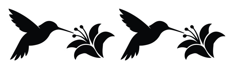 Hummingbird silhouette vector set, black bird flying to flower icons, minimalist nature wildlife graphics for logo design and vinyl cutting © Jemie
