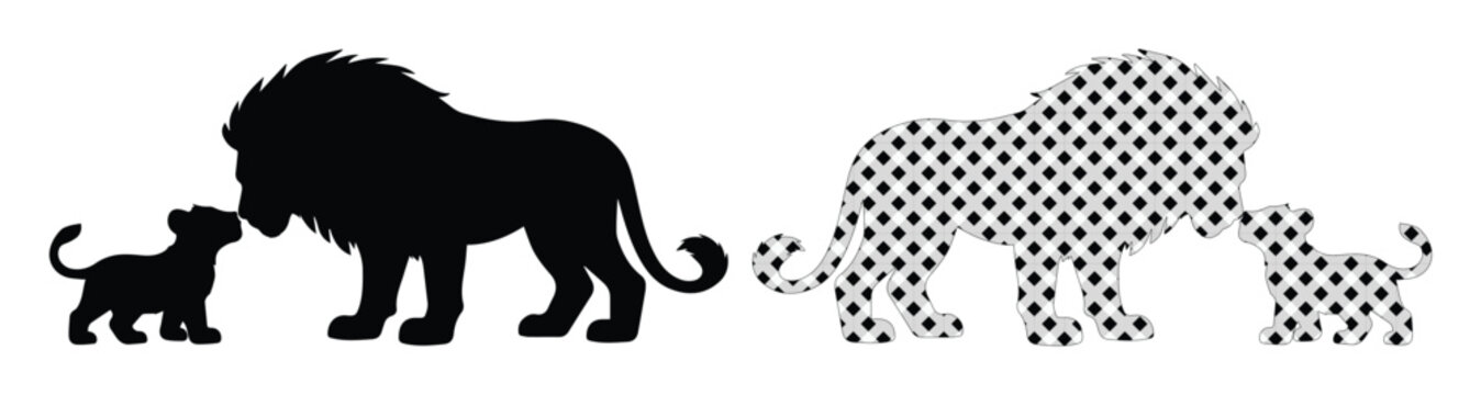 Lion and cub silhouette vector set, black animal father and baby icons, wild cat family silhouettes with polka dot pattern, safari wildlife graphics