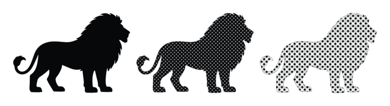 Lion silhouette vector set, black male lion profile icons, wild animal king silhouettes with halftone pattern textures, 3 graphic elements