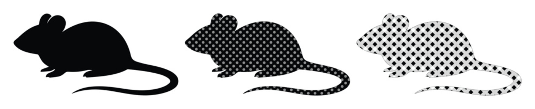 Minimalist mouse silhouette set, black rat vector icons with halftone patterns, rodent animal graphics for laboratory or pest control design