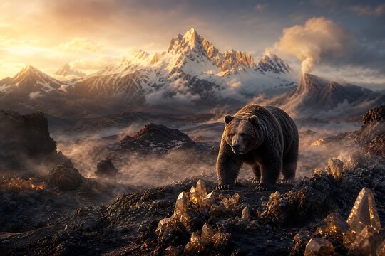 A large brown bear standing on a rocky mountainous landscape with snow-capped peaks.