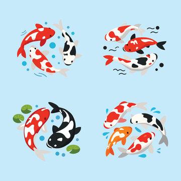 Flat vector kois clipart. Minimalist Koi Fish Vector Illustration Pack. Traditional Koi Fish Vector Bundle. Stylized Koi Fish Vector Design Elements