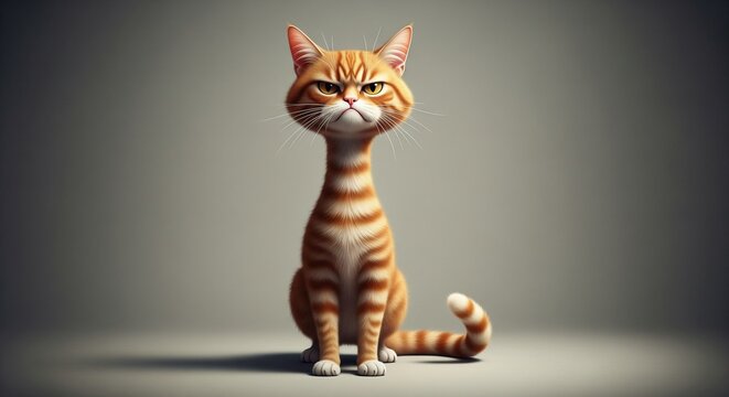 Grumpy Orange Tabby Cat with Long Neck, 3D Render with Plain Background for Design