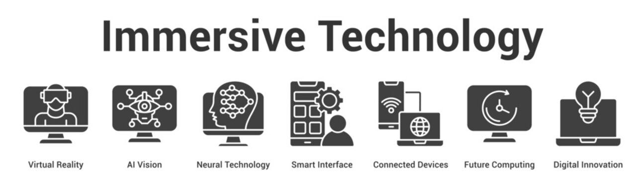Immersive Technology web banner icon set vector illustration concept for business with icon of Virtual Reality, AI Vision, Neural Technology, Smart Interface, Connected Devices, Future Computi.