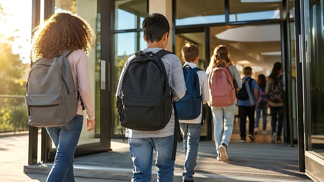 Diverse group of students with backpacks entering school building.
