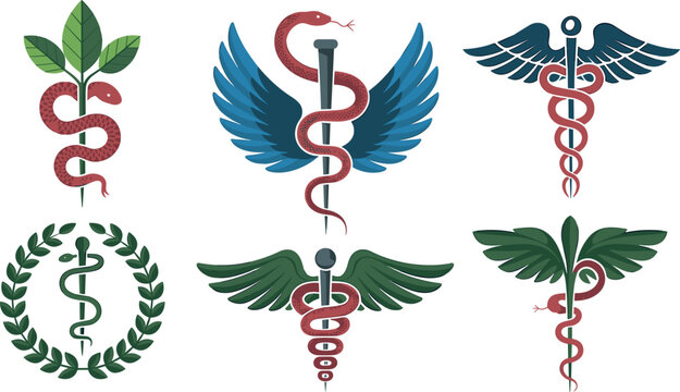Medical caduceus and rod of asclepius symbol set with snakes and wings vector illustration