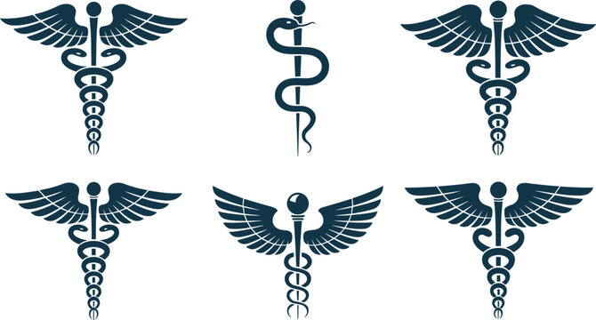 Medical caduceus and rod of asclepius dark monochrome symbol icon set vector illustration
