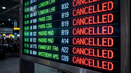 Fototapeta premium Airport departure board displaying numerous flight cancellations in red, signaling widespread travel disruptions, delays, and passenger inconvenience at a busy international hub