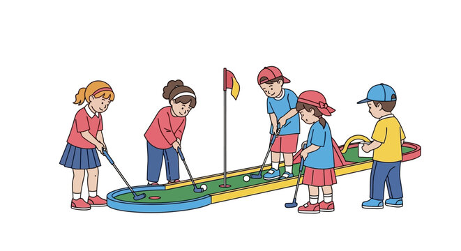 Children Playing Mini Golf Together.