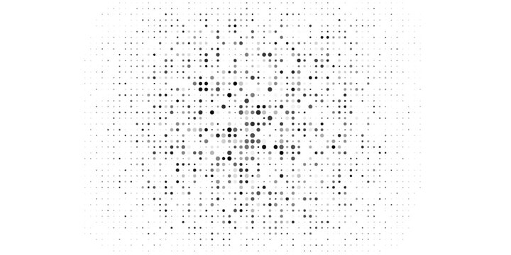 Random halftone. Pointillism style. Background with irregular, chaotic dots, points, circle. Abstract monochrome pattern. Black and white color. Vector illustration eps10