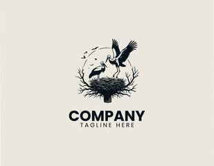 Obraz premium Stork silhouette on nest at sunset black vector illustration
