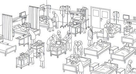 Obraz premium Medical professionals attend to patients in a crowded hospital ward environment
