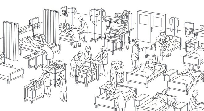 Medical professionals attend to patients in a crowded hospital ward environment