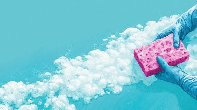 Vibrant centered graphic with blue gloved hand gripping dotted textured pink sponge producing bubbly white soap foam across bright turquoise plane, ideal for housekeeping