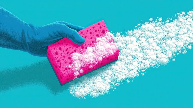 Vibrant centered graphic with blue gloved hand gripping dotted textured pink sponge producing bubbly white soap foam across bright turquoise plane, ideal for housekeeping