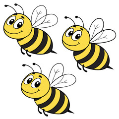 Cute flying bee cartoon character vector illustration set, happy friendly insect with striped body, smiling face, transparent wings on white background