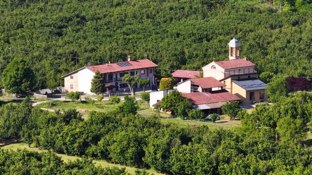 Aerial View of Italian Farmhouse and Hazelnut Orchard in Piedmont