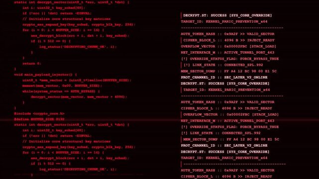 Futuristic Red Cyber Override Code Interface Payload Injector Terminal Screen Display.