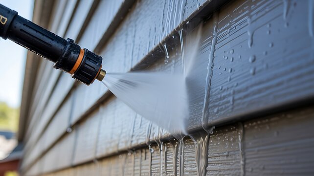 High pressure power washing cleaning dirt from dark brown house siding with cleaning pressure maintenance exterior