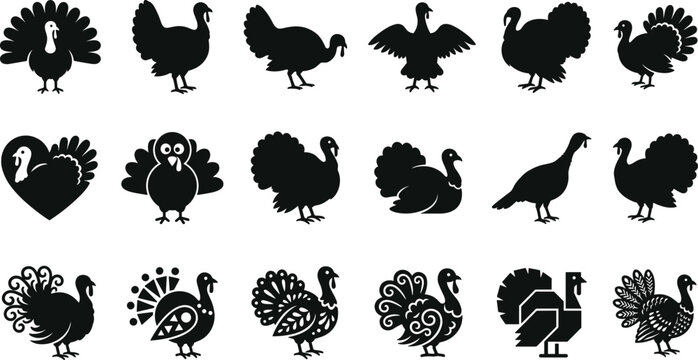 Collection of turkey silhouettes and decorative icons for Thanksgiving, holiday design, and farm animal concepts, image_8b8405.png