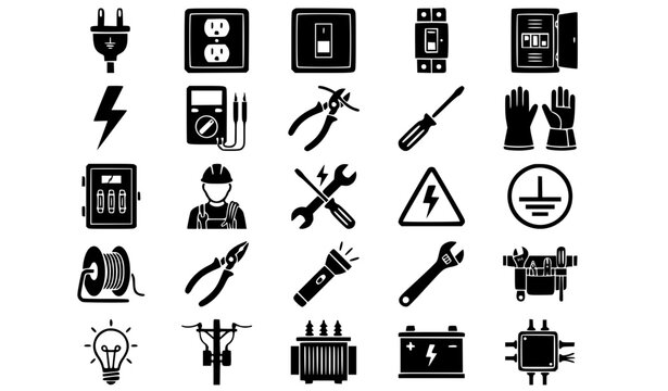 Electrical Maintenance Black Icon Set Electric Repair And Service Vector Collection