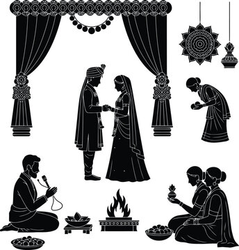 Islamic Muslim Wedding Ceremony Silhouette Set with Bride Groom, Decorative Curtain and Traditional Nikah Elements