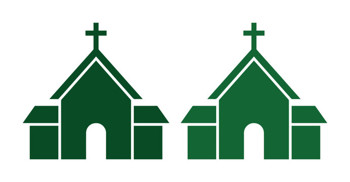Green church icons with christian cross, religious building vector set, spiritual chapel silhouettes for community and faith maps