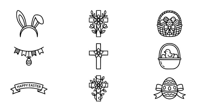 Easter Icons Collection: Bunny Ears, Crosses, Baskets, Egg, Garland, Banner