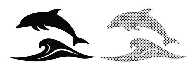 Minimalist dolphin jumping over ocean wave vector, black silhouette and halftone pattern sea animal icons, marine life logo elements © Asma