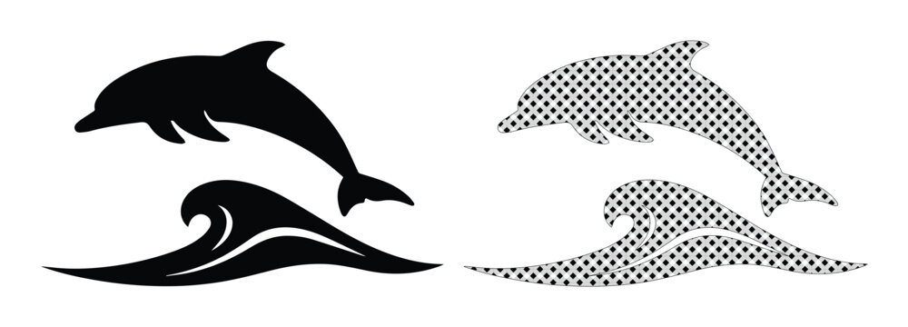 Minimalist dolphin jumping over ocean wave vector, black silhouette and halftone pattern sea animal icons, marine life logo elements