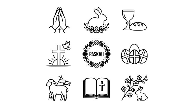 Easter Icons: Praying Hands, Bunny, Cross, Dove, Eggs, Lamb, Bible, Pascha Wreath