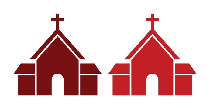 Red church building icons with cross, Christian chapel vector silhouettes, religious architecture symbols for community and faith events