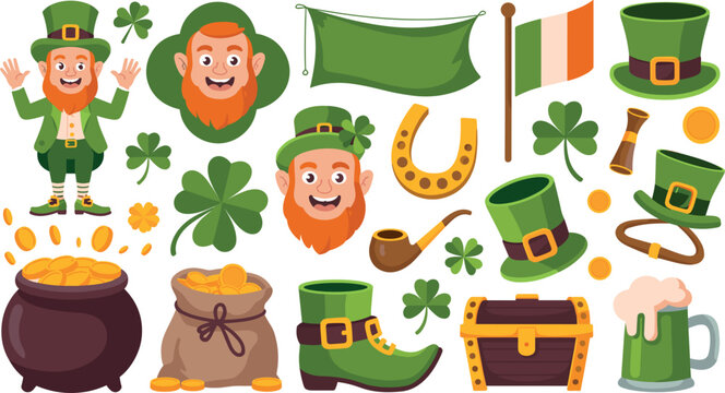 Saint Patricks Day leprechaun cartoon character and irish holiday elements vector icon set illustration