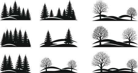 Set of black silhouettes of coniferous pine forests and deciduous trees on rolling hills, vector illustration. © MdSaiful