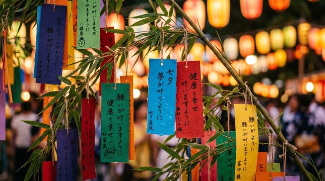 Colorful tanzaku wish strips hanging on bamboo branches during the Japanese Tanabata festival