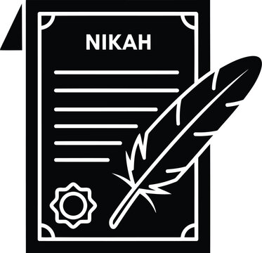 Nikah marriage certificate icon with feather pen on black and white document