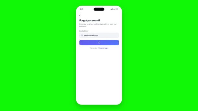 3D smartphone app login and forgot password reset flow animated over green screen background