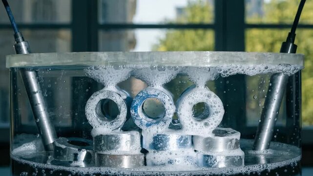 Medium shot capturing anodizing process with aluminum pieces undergoing electrochemical oxidation for enhanced corrosion protection