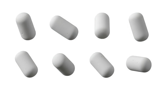 several white floating pill shaped objects isolated on a white background medicine supplements possible usage in pharmacy medical concepts